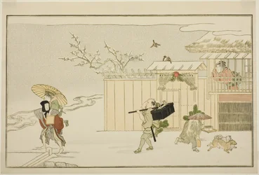 Delivering New Year Gifts in the Snow, from the Illustrated Kyoka Anthology 
