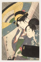 Geisha and Attendant on a Rainy Night