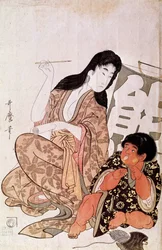 Kintaro and Yamauba calligraphing, series: Yamauba and Kintaro. Japanese print by Utamaro Kitagawa. 1790-1806. Paris, Guimet Museum, National Museum of Asian Arts
