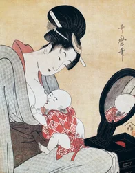 Mother breastfeeding her son, ukiyo-e art print by Kitagawa Utamaro (1753-1806), woodcut, Japanese civilization, Edo period