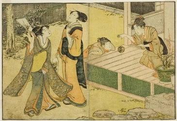 New Year Games of Shuttlecock, Battledore, and Hand Ball, from the illustrated book "Picture Book: Flowers of the Four Seasons (Ehon shiki no hana)," vol. 1