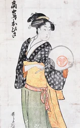 Ohisa from Takashima teahouse, woman in kimono with fan