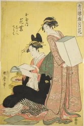 Snow, Moon, and Flowers in the Pleasure Quarters (Seiro setsugekka): Hanamurasaki of the Tamaya with Attendants Shirabe and Teriha