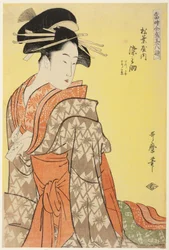 Somenosuke of the Matsubaya, [whose attendants are] Wakagi, Wakaba (Matsubaya uchi Somenosuke, Wakagi, Wakaba) from the series "Array of Supreme Beauties of the Present Day" ("Toji zensei bijin-zoroe")