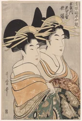 The Courtesans Kasugano and Utahama of Tamaya from the series Courtesans of the Pleasure Quarters in Double Mirrors