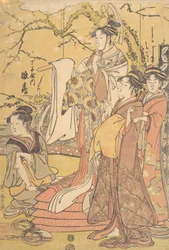 The Oiran Hinazuru of Chojiya Standing upon a Pile of Futon, ca. 1794