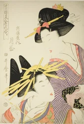 Tsukioka of the Hyogoya, from the series Seiro bijin meika awase