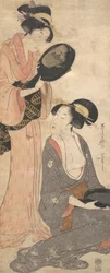 Two Ladies, Each with a Portion of a Lacquered Mirror