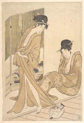 Two Young Women Wrapped in Yukata After a Bath