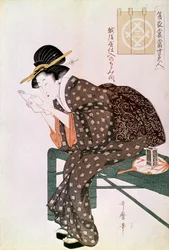Woman reading. Made with a crepe of Echigoya. Summer Ensemble Series: Beauties of our time. Japanese print by Utamaro Kitagawa. 1804-1806. Paris, Guimet Museum, Asian Arts Museum