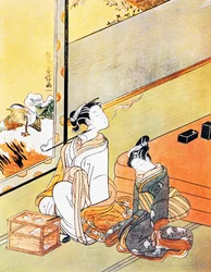 Woman smoking pipe, ukiyo-e art print, Tosa school