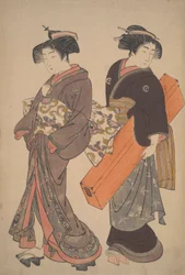 Woman with her maid on her way to an engagement