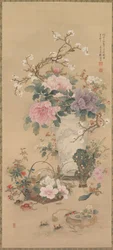 Vase of Flowers with Grasshopper, Marine Life, and Garden Rock, hanging scroll
