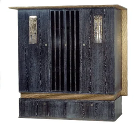 Furniture: Wardrobe with Music in Black Varnished Oak, Gold Wood, Silver Metal and Glass Made by Koloman Moser