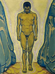Standing Youth Nude Between Rocks