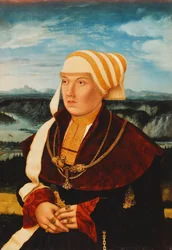 Portrait of Dorothea von Stralenburg, aged 26, three-quarter length, in a red and black dress with gold ornaments, before an extensive landscape
