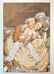 Illustration for the Book of Marquise by Franz Blei (a marquise flirting with an impatient lover)