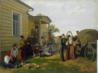 Justice of the Peace. A courthouse in the Russian countryside, peasants wait while chatting and jurists are busy. Painting by Konstantin Apollonovich Savitsky (1844-1905), Russian art, 19th century