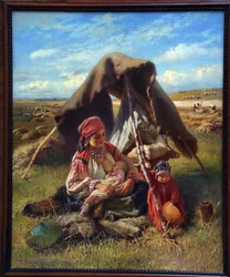 Reaper. During the Harvest, a Woman Nurses Her Newborn While Watching Another Child, with Peasants Working in the Fields in the Background.