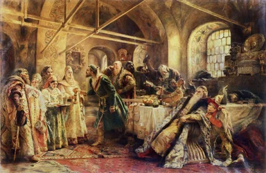The Kiss Ceremony - In the time of the Domostroi, in the Grand Duchy of Moscow, a boyar chooses his future wife; the candidates wear sarafan dresses and the traditional kokoshnik headdress