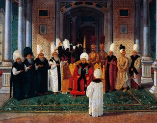 Selim III receiving dignitaries under canopy of Gate of Felicity in Topkapi, (detail)