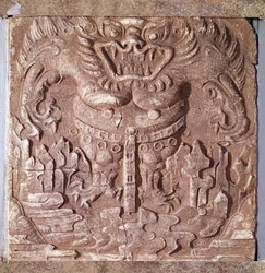 Art coreen: gray terracotta brick depicting a monster. Kingdom of Paekche (or Paikchei or Baekje), Korea. 7th century