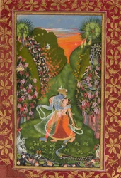 Radha and Krishna Walk in a Flowering Grove (recto), Krishna Fluting (verso)
