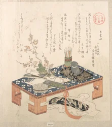 “Desk with Writing Set and Plum Flowers,” from the series Ise Calendars for the Asakusa Group (Asakusa-gawa Ise goyomi) From the Spring Rain Collection (Harusame shū), vol. 2