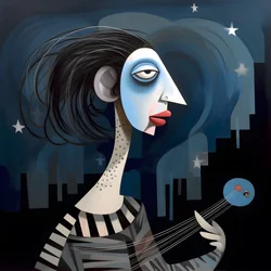 3D Woman Troubadour with Her Guitar in the Night Moon Lights 3