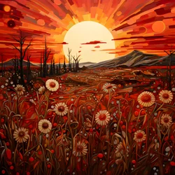 Abstract Landscape Art Featuring a Field of Wildflowers and a Bold Red Sun