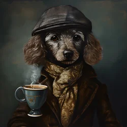 A Cultivated Poodle Drinks a Cup of Tea, Wears a Turtleneck and a Flat Cap, Smoky Background 1
