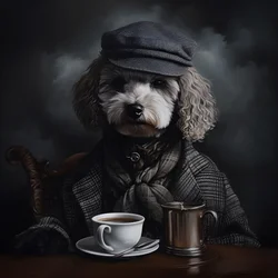A Cultivated Poodle Drinks a Cup of Tea, Wears a Turtleneck and a Flat Cap, Smoky Background 2
