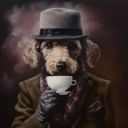 A Cultivated Poodle Drinks a Cup of Tea, Wears a Turtleneck and a Flat Cap, Smoky Background 3