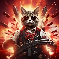 Movie Poster of a Cat Wearing a Black and White Polka Dot Shirt and Shiny Sunglasses, with Explosions and Cannons in the Background 1