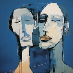 Painting of Two Heads Against a Blue Background 2