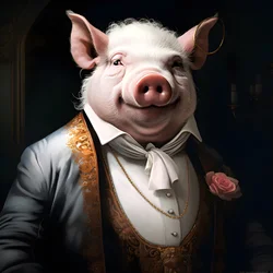 Cold and Domineering Anthropomorphic Pig Plantation Owner, Piercing Eyes, Fat Chubby Body, Cigar in Hand, Exquisite Chic Southern White Suit and Vest, Pocket Watch on a Chain, Monocle, White Felt Hat, Close-up