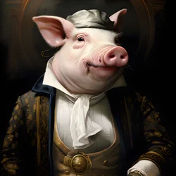 Cold and Domineering Anthropomorphic Pig Plantation Owner, Piercing Eyes, Fat Chubby Body, Cigar in Hand, Exquisite Chic Southern White Suit and Vest, Pocket Watch on a Chain, Monocle, White Felt Hat, Close-up