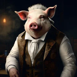 Cold and Domineering Anthropomorphic Pig Plantation Owner, Piercing Eyes, Fat Chubby Body, Cigar in Hand, Exquisite Chic Southern White Suit and Vest, Pocket Watch on a Chain, Monocle, White Felt Hat, Close-up