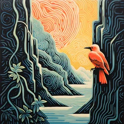 Ultra-Minimalist Illustration of a Colorful Tropical Bird Sitting on a Branched Plant in Front of a Mountain Stream with a Beautiful Waterfall 2