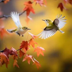 Two super cute green white-eye birds spread their wings and fly in the autumn maple leaves 3