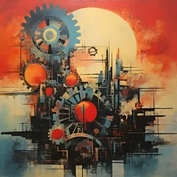 Cogs and Tools Abstract Sunrise 1950s