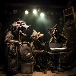 Creepy, Hairy, Broken Animal Animatronics Performing Music on a Stage