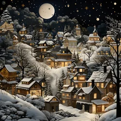 A Village at Night Under Snowy Trees 2