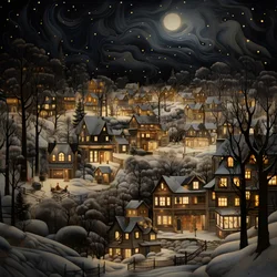 A Village at Night Under Snowy Trees 4