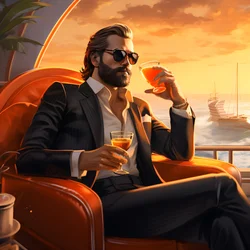 A rich man, well dressed, sits on a private cruise ship and drinks a cocktail 4