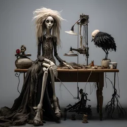 A Large Doll on a Table with a Skeleton on It 4