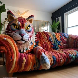 A Giant Crocheted Cat in a Realistic Living Room 2