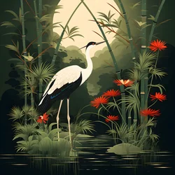 A Beautiful Japanese Illustration of a Crane and Bamboo 1