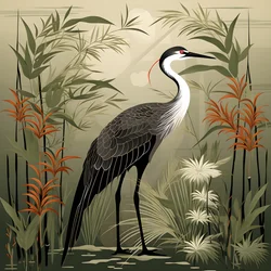 A Beautiful Japanese Illustration of a Crane and Bamboo 3