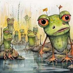 Full-page watercolor and ink painting of frogs 3